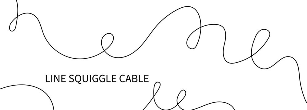 Line, squiggle, and drawing of a long, thin cable with abstract, wavy, and curvy horizontal flow. Freehand sketch element for a background or divider illustration, using organic black