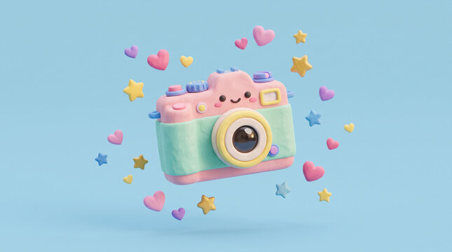 3D illustration of a cute pastel colored camera made of clay with a smiling kawaii face, floating among stars and hearts on a blue background.