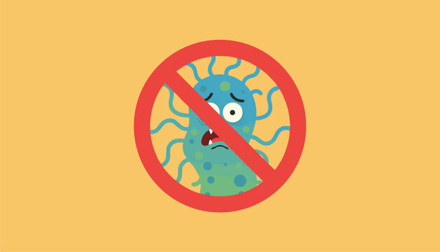 Red warning diagonal prohibition sign over a cartoon blue bacteria germ character with worried face on yellow.