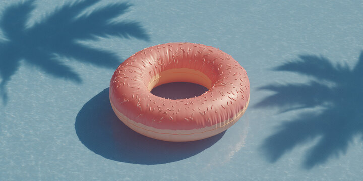 A pink inflatable ring floats in a clear blue swimming pool, casting a shadow of palm leaves on the water. This image evokes a sense of summer vacation and relaxation