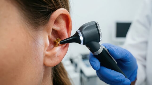 Doctor using otoscope to examine ear canal with visible earwax examination medical