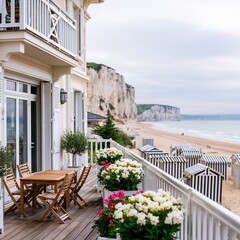 Fototapeta premium Elegant villa balcony offering scenic view of normandy beach, white chalk cliffs, and charming striped beach huts