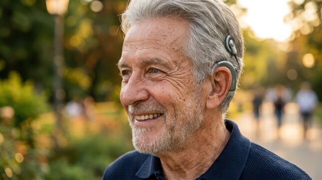 Smiling Elderly Man with a Cochlear Implant in a Sunny Park hearing loss