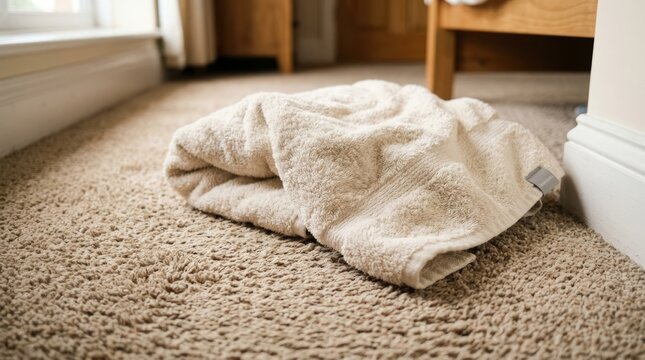 Fluffy white towel casually draped on textured beige carpet indoors.