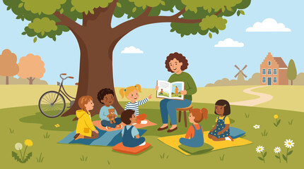 Teacher Reading Storybook to Diverse Group of Children Outdoors