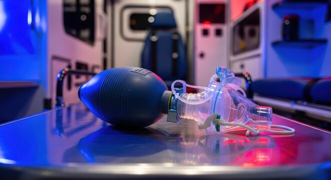 Ambulance Interior Scene: Manual Resuscitator and Ventilation Mask Equipment Close-up with Blue and Red Emergency Lights