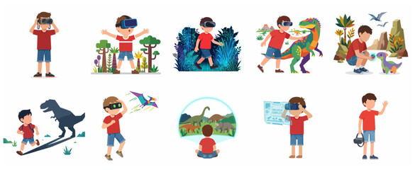 Set of vector illustrations featuring a young boy using a VR headset to explore a prehistoric world, interacting with dinosaurs and virtual environments. © Laafaa