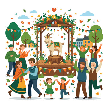 Festive community gathering celebrating livestock with a decorated goat on stage and dancing villagers illustration