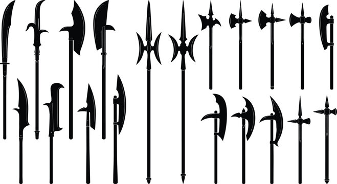 Collection of medieval polearm weapon silhouettes including halberds, spears, and battle axes isolated on white.