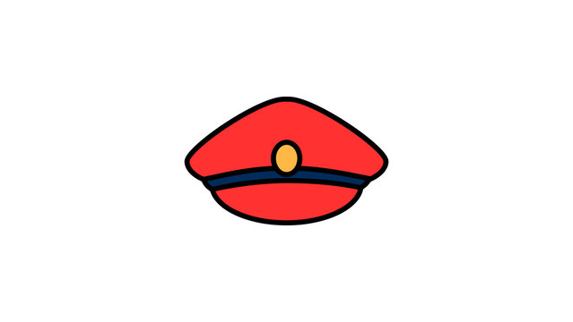 A clean vector illustration of a red peaked cap with a dark blue band and a golden emblem centered on the front