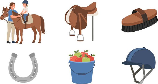 Horse Riding and Equestrian Sport Icon Set featuring Kid Learning to Ride Leather Saddle Brush Horseshoe Apple Bucket and Helmet Vectors