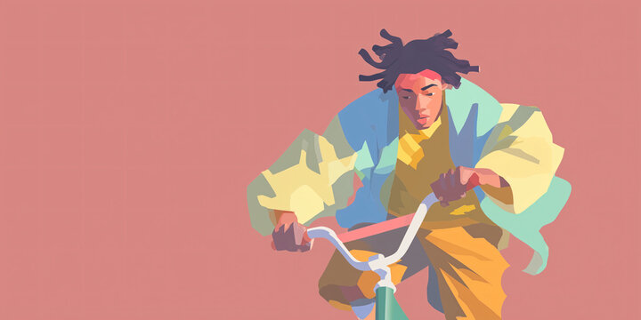 A stylish young man with dreadlocks rides a bicycle with a determined expression, wearing a vibrant yellow jacket over an orange outfit, against a soft pink background