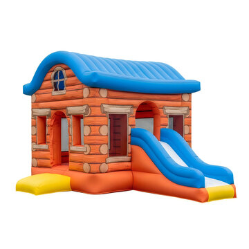 Inflatable log cabin bounce house with slide and yellow landing pad.