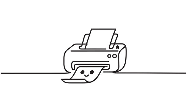 Continuous single line of a cute office printer with a smiling face on the paper output, rendered in a minimalist black stroke on a plain white background, office equipment