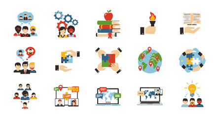Fototapeta premium Education and business teamwork flat vector icon set