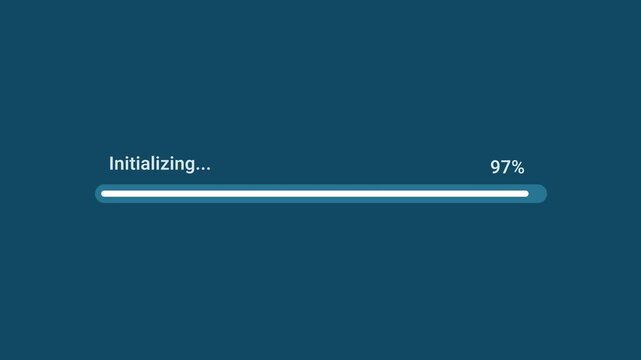 Animated motion graphics showing a thin white progress bar labeled "Initializing..." reaching 97% over a dark blue background. Represents a nearly completed system initialization, program setup