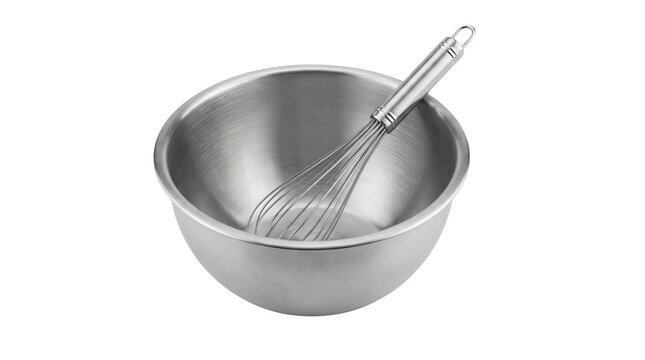Stainless steel mixing bowl with whisk. Metal kitchen tool for cooking and baking.