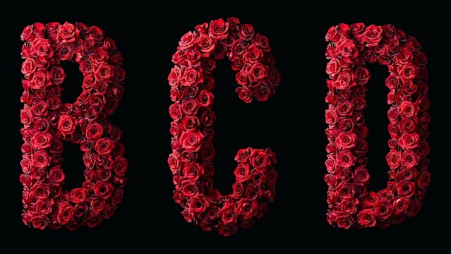 Floral alphabet letters B C D made of red roses, romantic botanical typography on black background, elegant rose flower font for wedding design