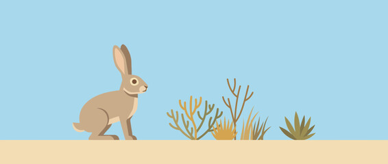 Minimalist Illustration of a Desert Jackrabbit and Native Flora © Bakul