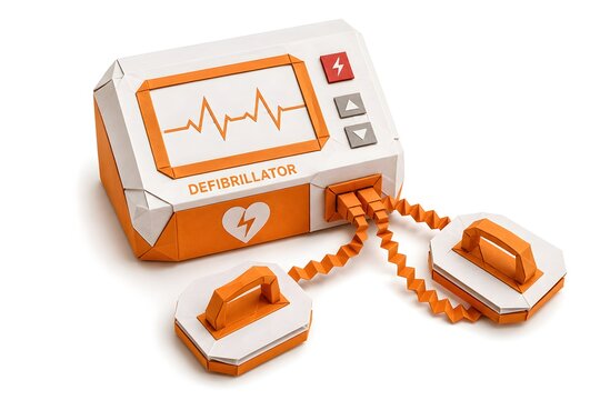 Origami Defibrillator with Folded Paddle Icons in Orange and White Paper Isolated on White Background