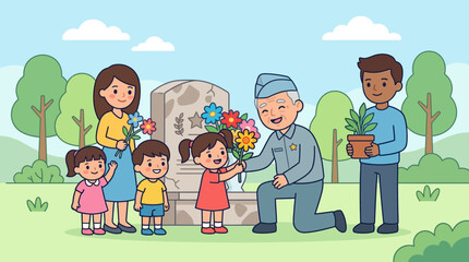 Family Visiting War Memorial Tombstone Honoring Veterans