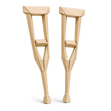 Origami Crutch Pair Folded from Soft Beige Paper Isolated on White Background