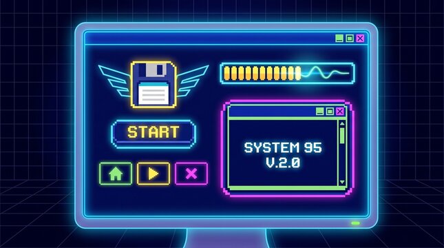 Retro computer screen interface with neon glowing graphics and vintage operating system elements.