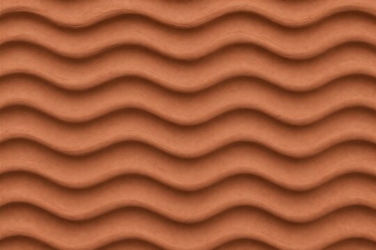 Terracotta clay wall surface with architectural horizontal wave pattern, rustic ceramic tile backdrop