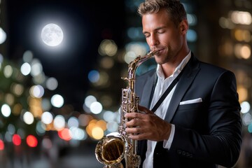 Obraz premium Musician plays saxophone under moonlight in urban setting at night