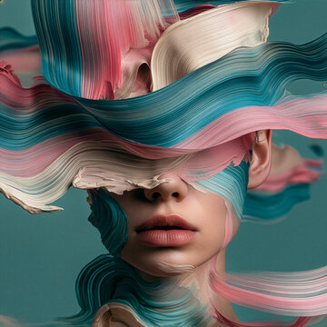 Surreal abstract digital portrait of a human face veiled by flowing colorful ribbons, blending realism and imagination with vibrant textures and contemporary artistic expression.
