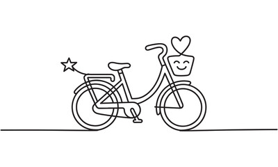 Fototapeta premium Continuous single line of a bicycle with a happy smiling face planter basket and a star shape on the back, isolated on a white background, whimsical travel