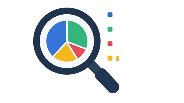 Flat vector animation of a magnifying glass zoom inspecting a pie chart graph, market research and data analysis concept.