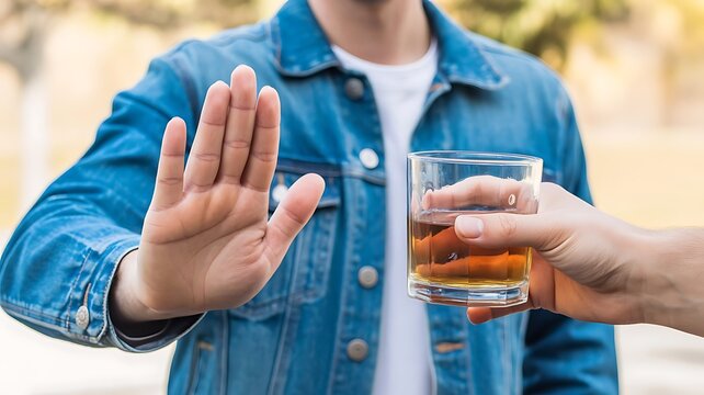 Young man in a denim jacket making a stop gesture with his hand to refuse a glass of whiskey offered by another person in an outdoor setting