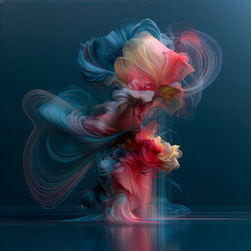 Abstract digital artwork featuring a vibrant organic sculpture with flowing layered forms, fluid textures, and dynamic colors, creating a striking contemporary composition with depth and motion.