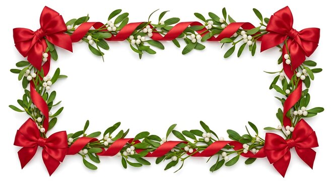 Mistletoe frame decorated with red silk bow. Christmas greenery border with white berry for holiday card. Traditional winter decor element on white background for seasonal celebration.