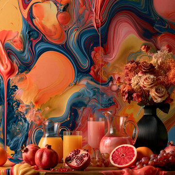 Surreal still life with fresh fruits, floral arrangement and glass pitchers against a vibrant abstract background, blending realism and artistic imagination in a colorful contemporary composition.