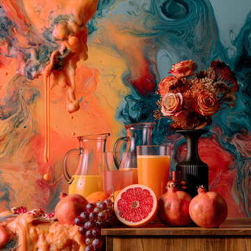 Surreal still life with fresh fruits, floral arrangement and glass pitchers against a vibrant abstract background, blending realism and artistic imagination in a colorful contemporary composition.