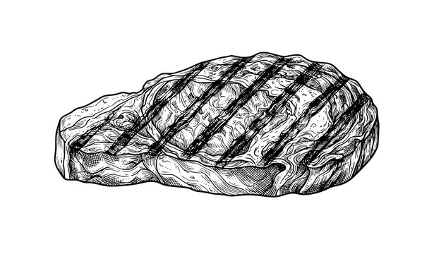 Elegant Grilled Steak Line Art Vector Illustration with Gourmet BBQ Meat Engraving Style
