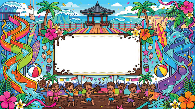 Vibrant Summer Beach Mud Festival Cartoon Illustration with Happy Children Water Slides and Blank Message Frame