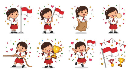 Fototapeta premium Indonesian school girl character set celebrating independence day with traditional games flag ceremony and trophy