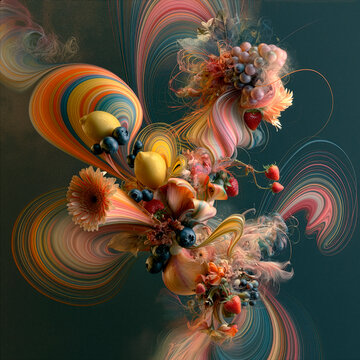Surreal abstract digital artwork with flowing colorful ribbons, fresh fruits and blooming flowers, blending realism and imagination into a vibrant contemporary artistic composition.