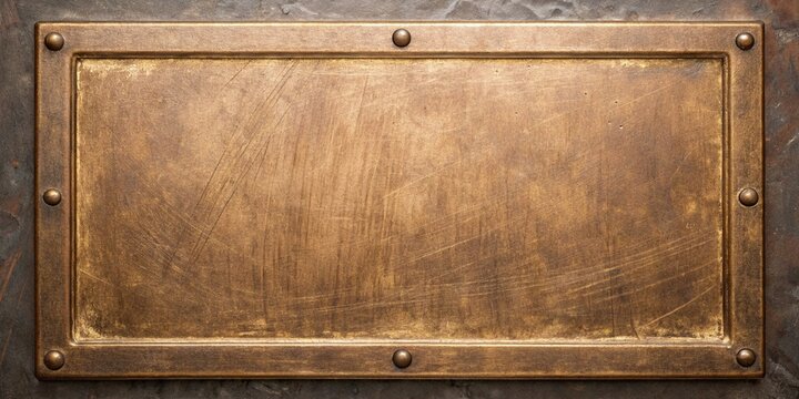 Blank brass plaque with riveted border on textured dark background in soft studio lighting
