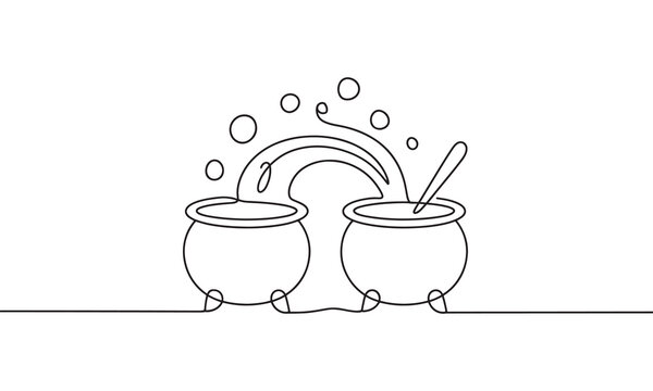 Continuous single line of two magic cauldrons with bubbling liquid pouring from one to another, witch potion brewing concept, black outline isolated on a white background