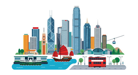 Hong Kong cityscape vector illustration with buildings boats tram and cable car on a white background urban © Ramkrisna
