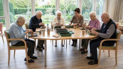 Fototapeta premium Therapeutic gardening workshop in a nursing home with seniors and caregivers