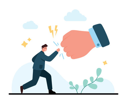 Businessman pushes back against a giant fist, showing workplace pressure, conflict, resistance, and courage in a flat monochrome scene isolated on white background vector illustration
