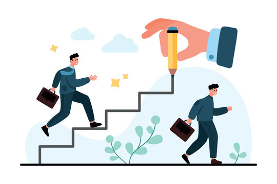 Businessman climbs drawn stairs toward career growth while another walks below, showing promotion success and fail concept in a clean flat design vector illustration