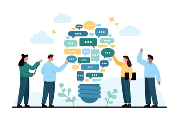 Naklejka premium People exchanging messages around a glowing light bulb, showing communication, teamwork, brainstorming and idea sharing in a modern flat design isolated on white background vector illustration