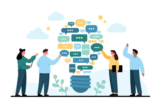 People exchanging messages around a glowing light bulb, showing communication, teamwork, brainstorming and idea sharing in a modern flat design isolated on white background vector illustration