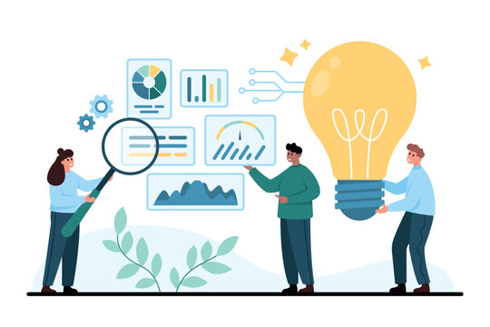 Business team explores analytics dashboards with charts, magnifier and glowing light bulb, showing data analysis, insight, innovation and collaboration isolated on white background vector illustration